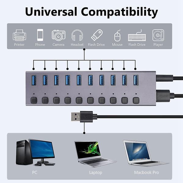 Usb3.0 Splitter 10-port Lade Multi-grensesnitt Hub Med Bryter