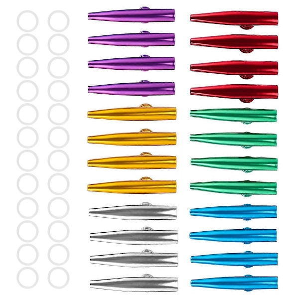 24 kpl metallisia kazoja ja 24 kpl kazoo-huilukalvoja, 6 väriä, hyvä kumppani ukulelle, viululle,