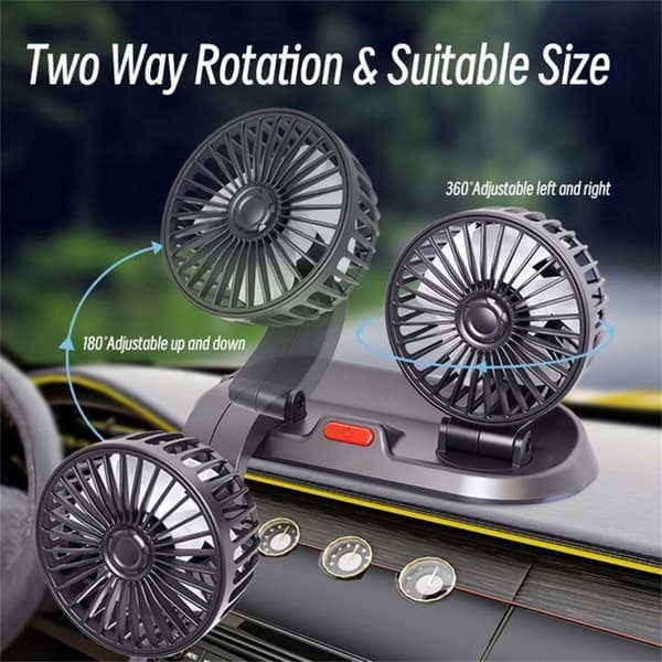 USB-5V Bilventilator, Mini 360° Roterende Bilventilator, Tre Ventilatorhastigheder, Dobbelt Hoved til SUV'er