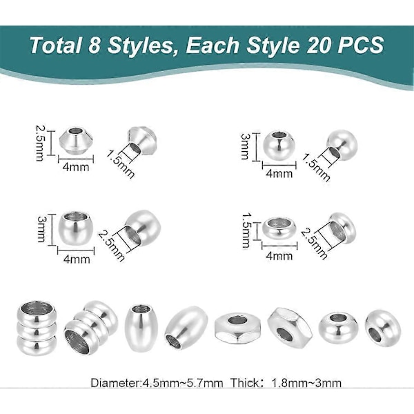 160 kpl 8 tyylistä ruostumattomasta teräksestä valmistettuja välihelmiä 4–5 mm pyöreitä helmiä pylväshelmiä irtotavarana rondelle-helmiä tynnyrihelmiä kuusikulmaisia helmiä sileitä helmiä tee-se-itse-projekteihin