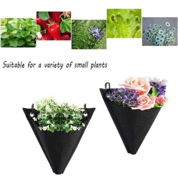 Set med 3 väggmonterade trädgårdsväskor, vertikala planteringsfickor, triangulär design, med krok, för hem, dekoration, trädgård (svart)