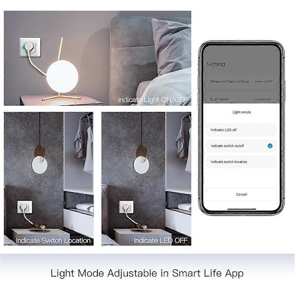 WiFi Smart Sokkel med Lysstyrkejustering for Tuya Smart Life App, Stemmestyring via Assistent, EU-kontakt