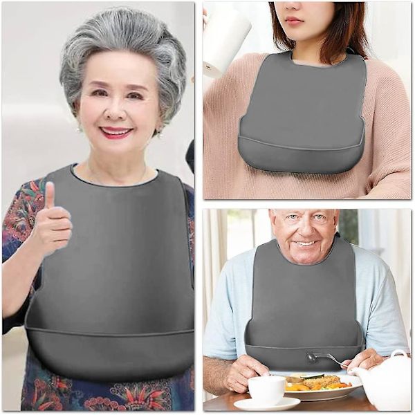Vuxenhaklappar, Tvättbara Silikon Vuxenhaklappar, Återanvändbar Anti-smutsig Förkläde Med Ficka Äldre Äldre Vuxna 33*57.5cm Grå