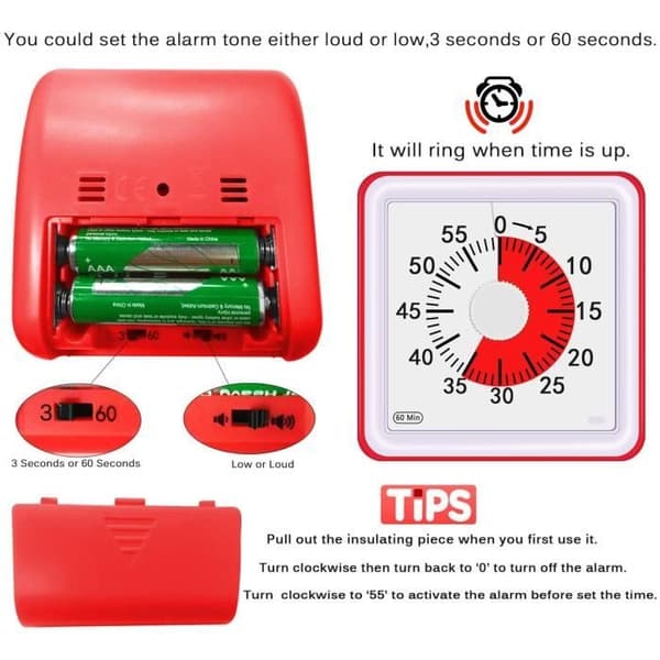 Analog visuell timer - Dedikerad påminnelse - Tyst nedräkning - Röd - ABS-plast - 78 x 78 x 45 mm - Enhet