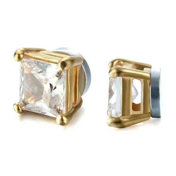 2-pack Magnetic Piercing Fake Earring Square Crystal Gold