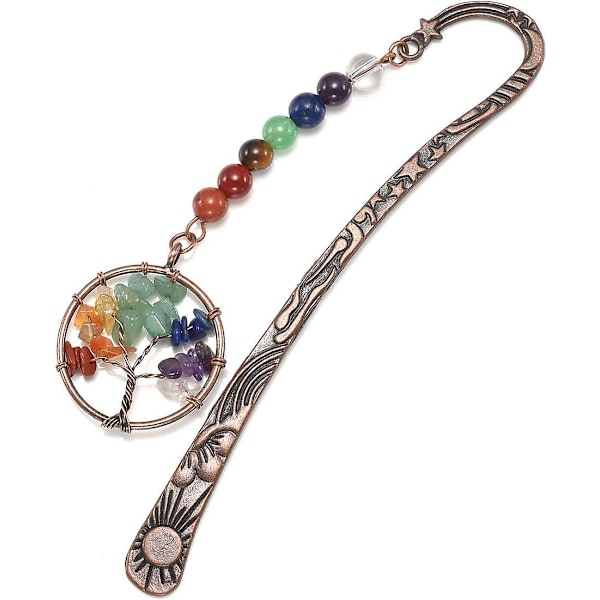 Antik Kobber Metal Bogmærke Perlebesat Bogmærke Med Håndlavede 7 Chakra Healing Krystaller Livets Træ Tumlede Ædelstene Og Runde Perler