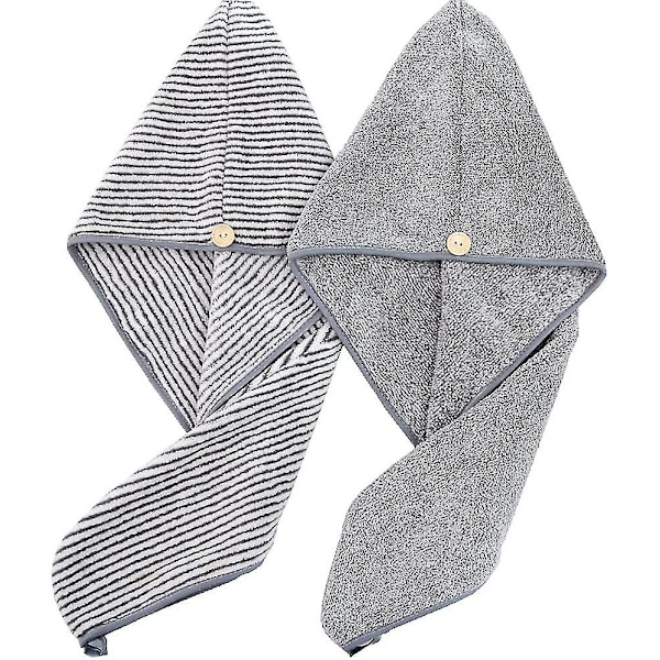 Hårhandduk Superabsorberande Handduk Med Knapp Torkhuva Snabbtorkande Duschhårhuva (grå randig) (2-pack)