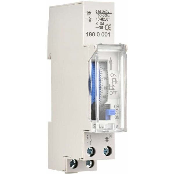 24-timmars mekanisk timer – 15-30 minuters programmering – DIN-skenmontering – AC220-240V spänning – Integrerat 1.2V 40mAh Ni-MH-batteri