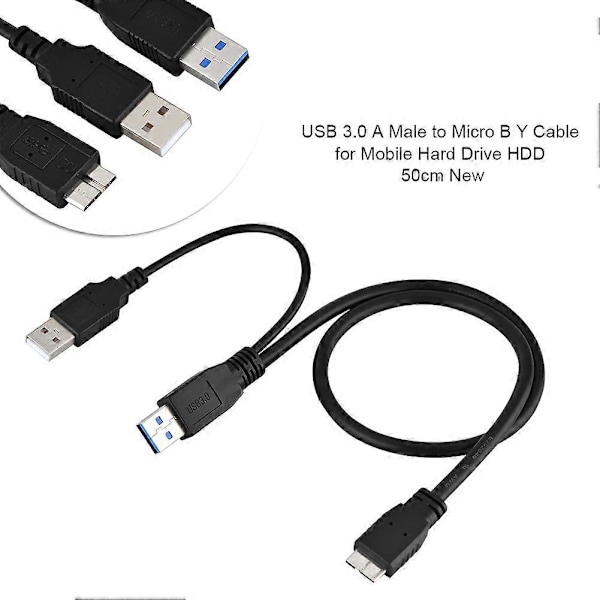 USB 3.0 A Hann til Micro B Hann  Hann Strømforsyning Y-kabel for Mobil Harddisk HDD 50cm