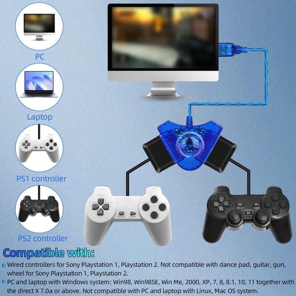 USB-adapteromformerkabel egnet for Sony PS1 PS2 kablet kontroller gamepad joystick til PC - Farge Blå