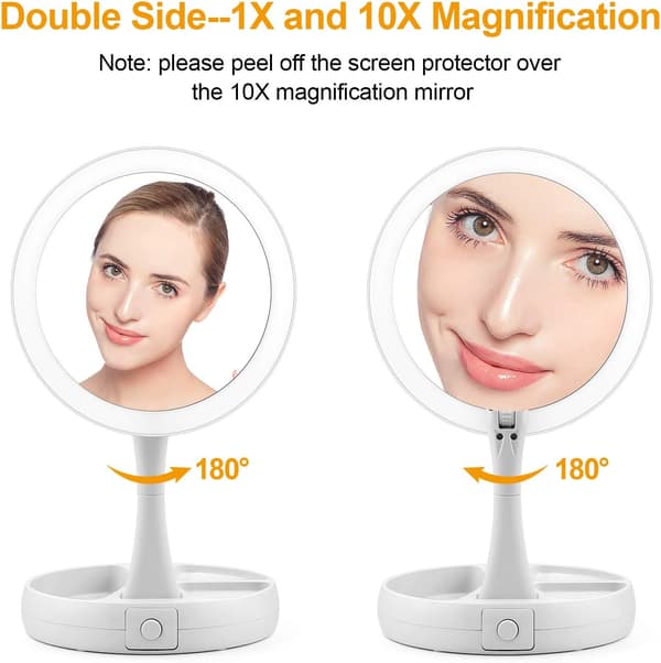 Double-sided illuminated makeup mirror, foldable, magnification from 1x to 10x, suitable for home or travel use.
