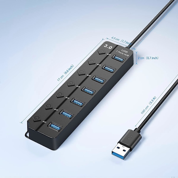 7 Portars USB Hub Splitter Multi Hub USB 3.0 Adapter USB Flera Portar Strömadapter med Strömbrytare