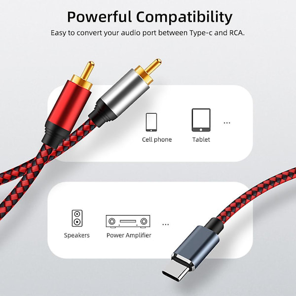 USB Type C - 2 RCA -äänikaapeli Type-C RCA -kaapeli, USB-C -äänilinja kotiteatterivahvistimelle DVD-soittimelle ja televisiolle