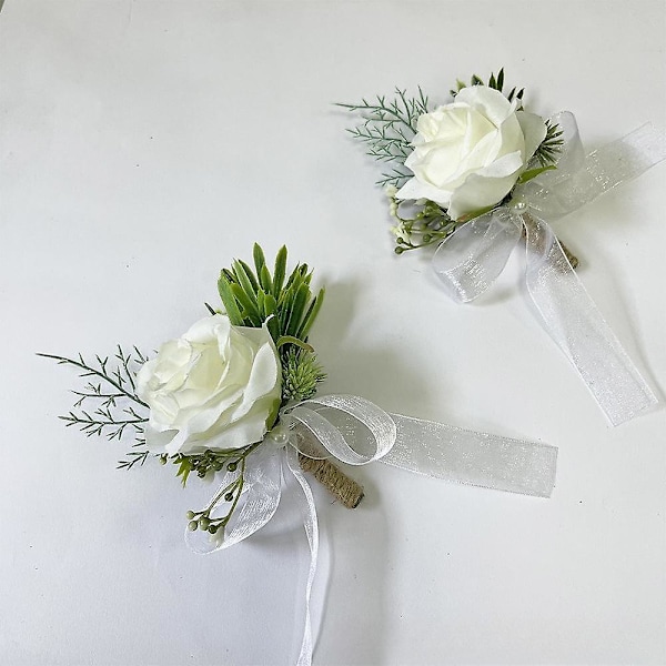 2 st bröllopsboutonniere för brudgum och best man kostymdekoration konstgjorda rosor knapphål blomma för bröllop bal fest, elfenben