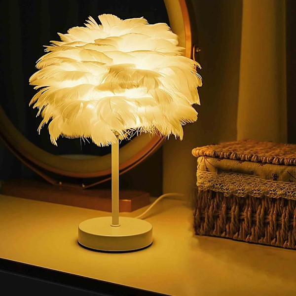 Hvid Fjer Bordlampe  Sengelampe Med Træbase  Fjer Bordlampe  Skrivebordslampe Til Soveværelse  Hjemmedekoration 240796
