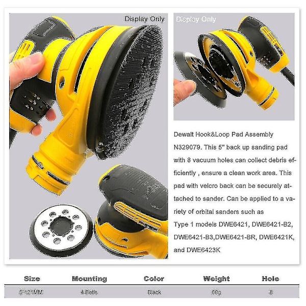 2 kpl Dewalt hiomakiekolleille 5 tuumaa/125 mm 8 reikää Koukku ja silmukka hiomapapereille Dwe6421 Dwe6421k Dwe6423 hiomakoneen tukilevy - YuJia