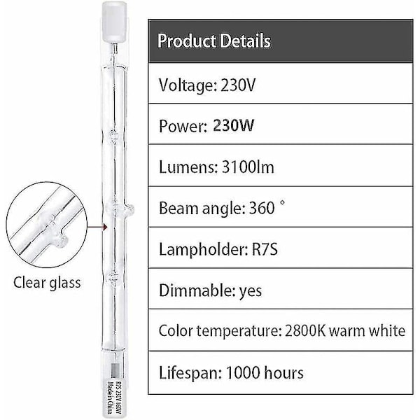 10-pack R7s halogenlampor 118mm 230w 230v, R7s halogenstav 118mm, R7s halogenlampa dimbar halogenstav kompatibel med byggstrålkastare, Wor