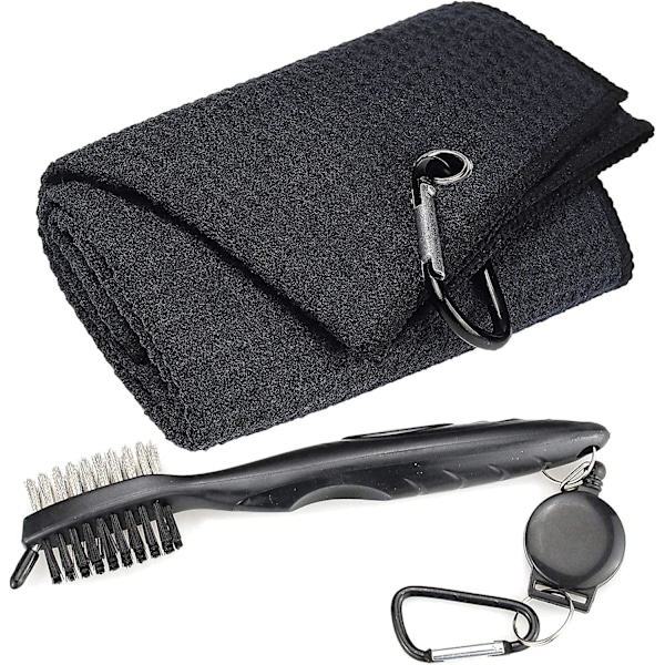 Mikrofiber Vaffelmønster Tre-fold Golfhåndklæde | Børsteværktøjssæt med Kølle Renser, Udtrækkelig Forlængerledning & Klips, Sort