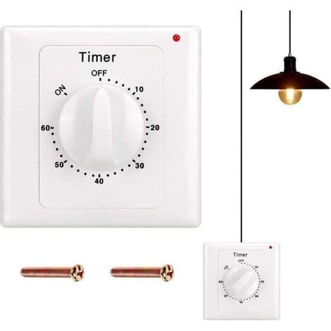 Nedtellingstimerbryter: 60-minutters timerlysbryter med timer, vannbestandig, borehull for baderomsinstallasjon, vifte, lys