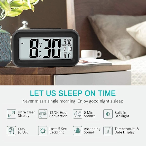 Digital väckarklocka Morning, tyst batteridriven stor LED-display temperatur kalender (svart)