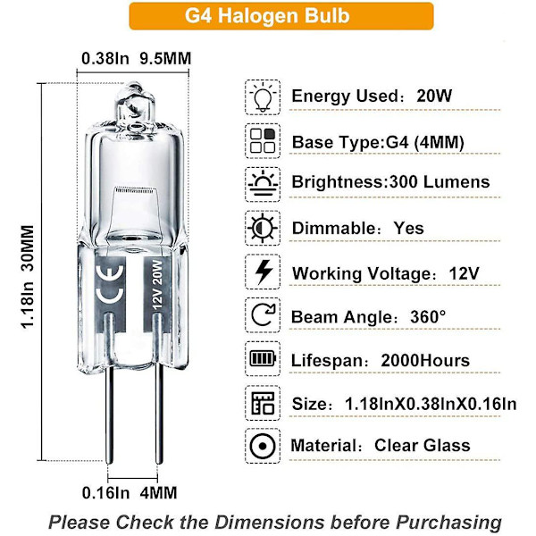 20 stk Halogenlampe Pære G4-12V-20W Krystall Lampe Mikroskop Instrument Stift Pære Halogen Wolfram Pære