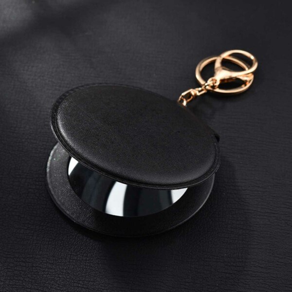 Leather Keychain with Double Makeup Mirror Black