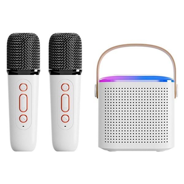 Kannettava Bluetooth 5.3 -kaiutinjärjestelmä kahdella langattomalla mikrofonilla, kotilaulukaiutin, valkoinen