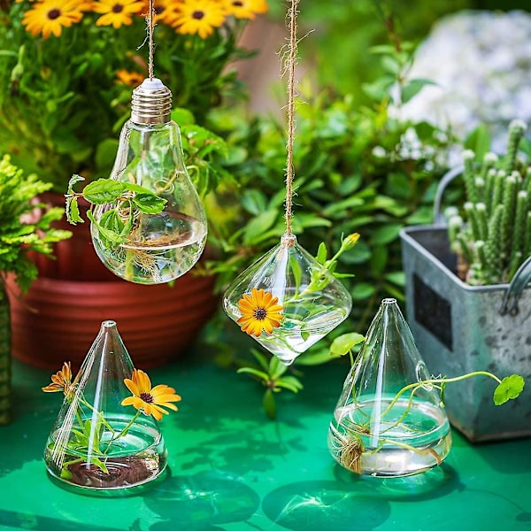 4 stk. Glass Hengende Plantekasser Vann Luft Plantebeholdere Terrarium Lysestake med Snorer Tau fo