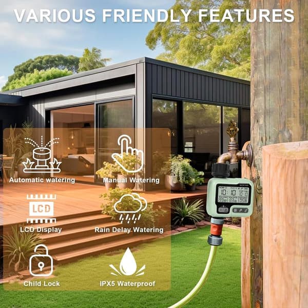 Automatic/Manual Watering Timer - Garden Irrigation Timer - Connect Faucet Timer with Child Lock Mode/Rain Delay/IPX5 Waterproof/LCD Screen