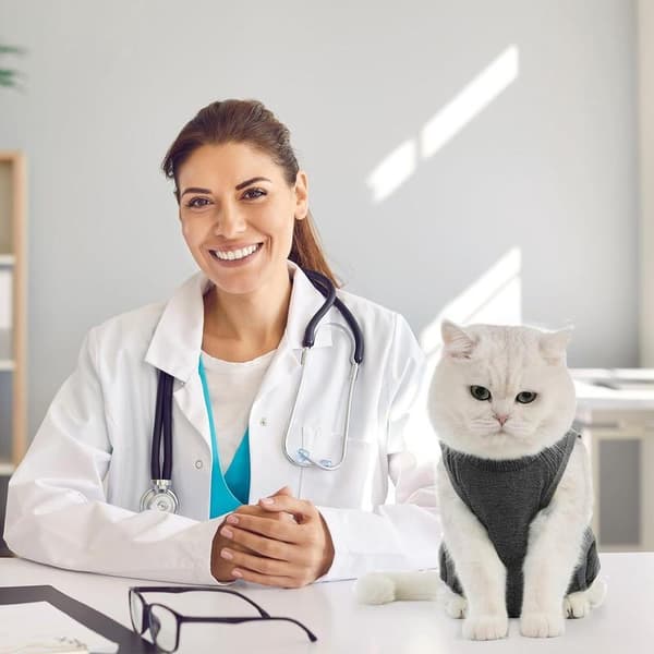 Genopretningsdragt til katte efter operation – beskyttelsesdragt til katte efter sterilisering/kastration, et alternativ til kraven – (Grå, Størrelse L)