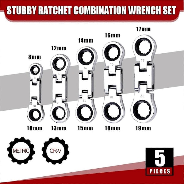 5-delars Flex-Head Stubby Spärrkombinationsnyckelsats, Mini-nyckelsats, Dubbel Ringände Flex-Hea
