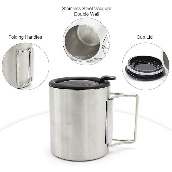 220 ml Camping Bordsbestick Utomhus Mugg Bärbar Camping Picknick Vattenkopp Rostfritt Stål Vakuum Dubbel Vägg Svart, Silver 1 st
