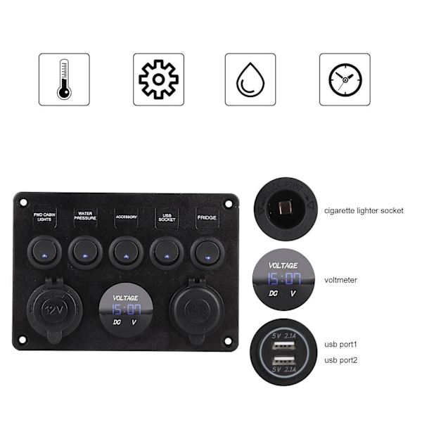 5-vägs 12V/24V Inline-säkringsbox LED-strömbrytarpanel Dubbla USB Bil Båt Lastbil