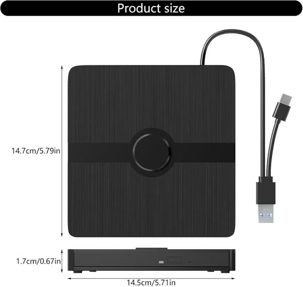 Ekstern DVD-brænder og -læser med USB 3.0 og USB-C-interface; DVD-afspillerenhed egnet til bærbare og stationære computere.