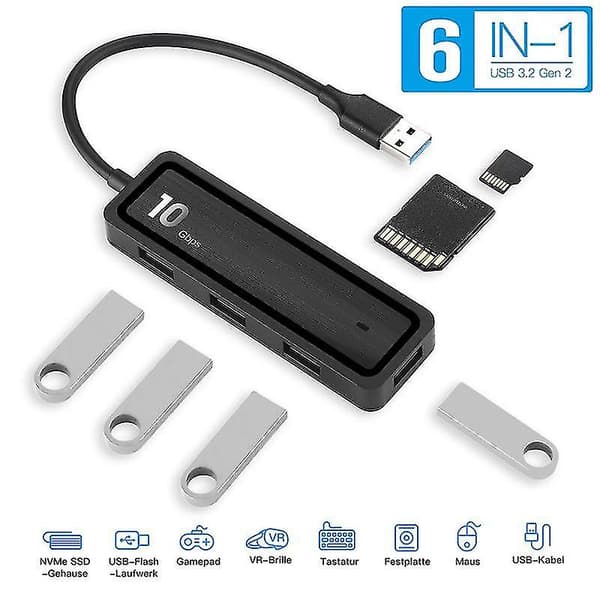 10 Gbps 6-i-1 USB Hub-adapter Type-C til 4x USB 3.2 Gen 2 10 Gbps Superspeed USB C til USB Hub SD 2.0