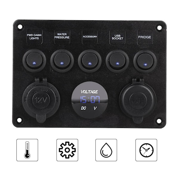 5-vägs 12V/24V Inline-säkringsbox LED-strömbrytarpanel Dubbla USB Bil Båt Lastbil