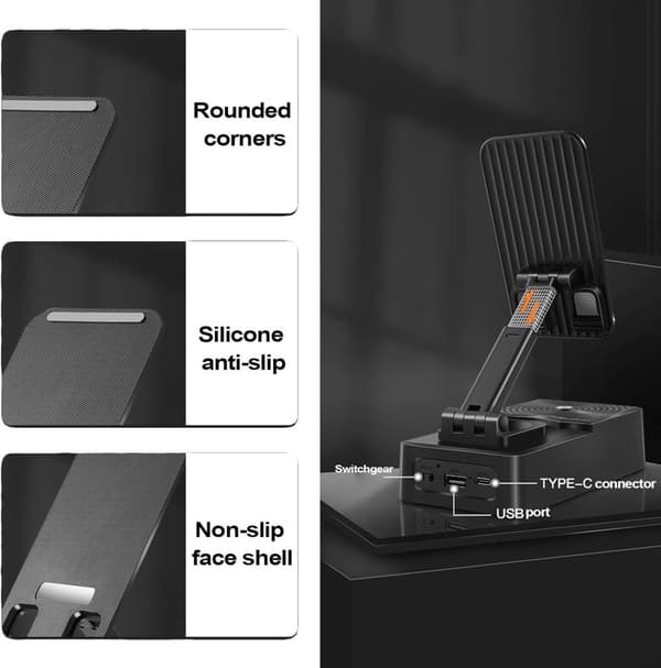 Monitoiminen puhelin- ja tablettiteline Bluetooth-kaiuttimella ja varavirtalähteellä