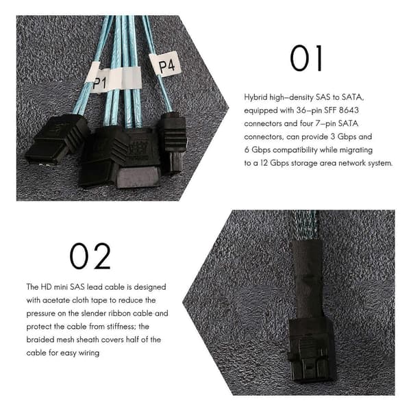 Internt Mini SAS til SATA Kabel, SFF-8643 til Raid Controller Harddisk