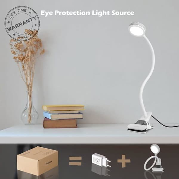 LED Desk Lamp with Clip for Reading, Table, Bed, Adjustable Brightness, 360° Flexible Design