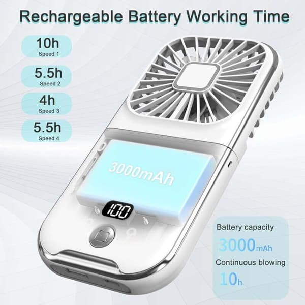 Mini bærbar USB halsventilator. 3000 mAh. Lille ventilator. Stille USB-ventilator. Hvid.