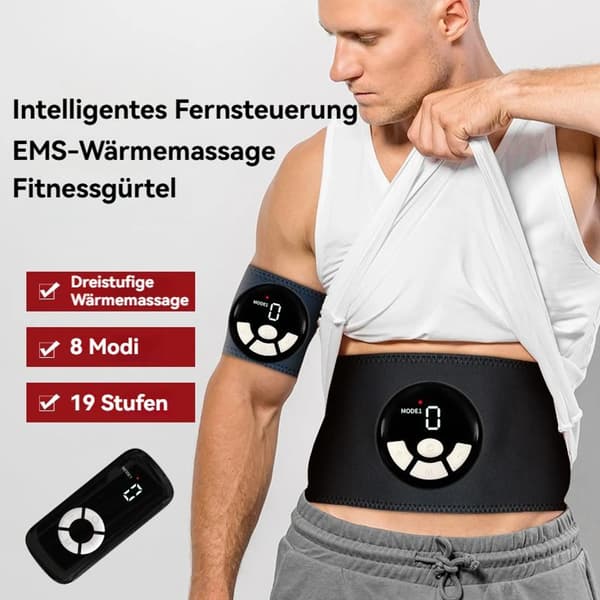 EMS Abdominal Muscle Trainer with Heat Function, Electric Training Belt, Muscle Stimulator, 8 Modes, 19 Intensity Levels, Remote Control.