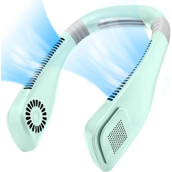 Mini bærbar halsventilator med 360° luftstrøm. Tre ventilatorhastigheder, kompakt og USB genopladelig - grøn.