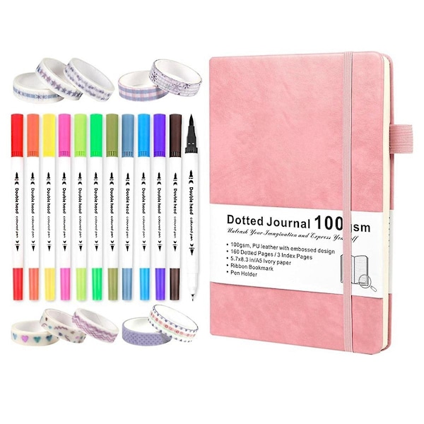 Prickig Journal-Set - Dubbla Spetsar Penslar, Washi Tejp och Schabloner för Kvinnor, Män och Tonåringar, Rosa