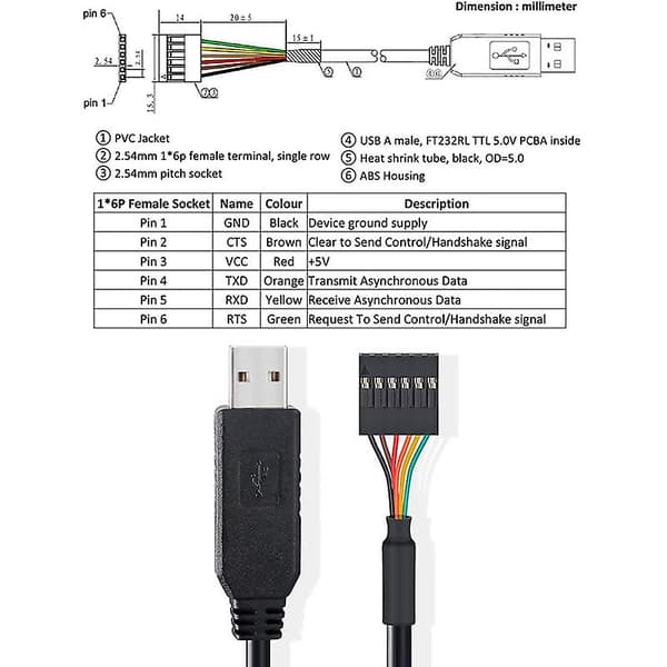 USB til TTL Seriel 5V Adapterkabel 6 Pin 2,54 mm Pitch Hun Socket Header UART IC FT232RL Chip 8
