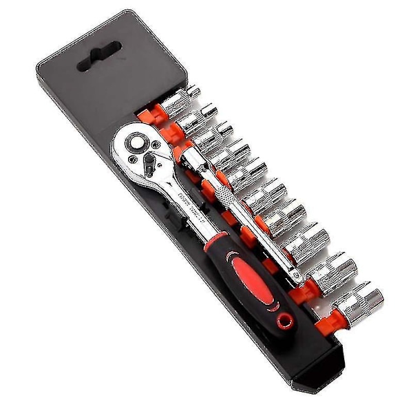 Skrallepipeverktøysett, mekanisk verktøysett og pipesett med hurtigutløsende reversibel skrallehåndtak og forlengelsesstang (svart rød) (12 stk)