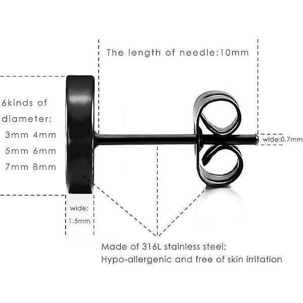 Svarta Runda Örhängen Set Rostfritt Stål Öronstift för Män Kvinnor 6 Par 3mm-8mm