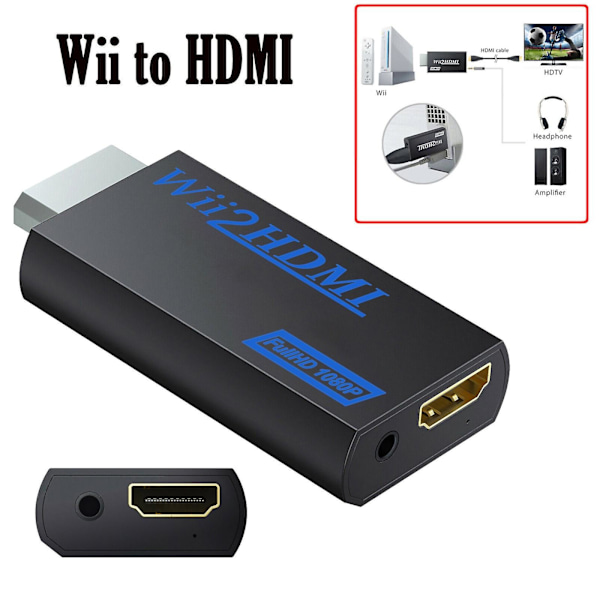 Wii til HDMI Konverter Adapter 1080p Output Video 3.5mm Audio Med 2M HDMI Kabel