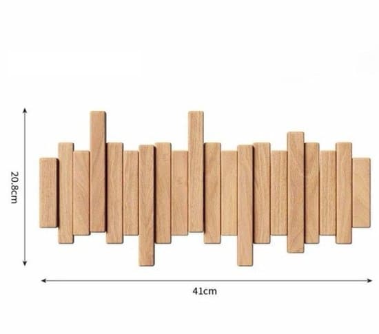 Wall Mounted Coat Rack — Piano Key Hooks — Solid Wood — Behind Door Storage System — Wall Panel with 6 Hooks — 41 x 20.8 cm