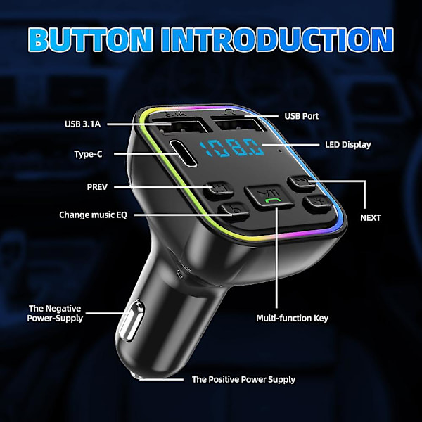 Bil Bluetooth 5.0 FM-sändare PD Typ-C Dubbel USB 3.1A Snabbladdare Färgrik Stämningsbelysning Handsfree MP3 Modulatorspelare