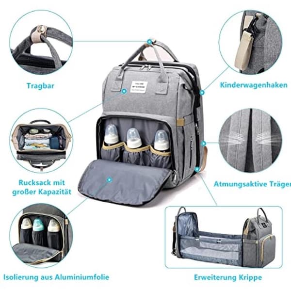 Multifunctional Diaper Bag Backpack with Changing Pad - Large Capacity, Water-Resistant, Grey